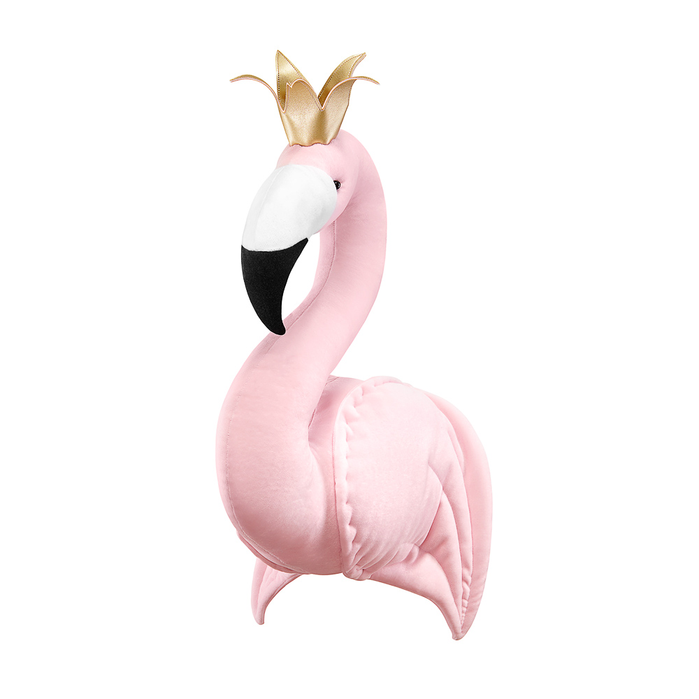 Pink velvet ﬂamingo with a crown